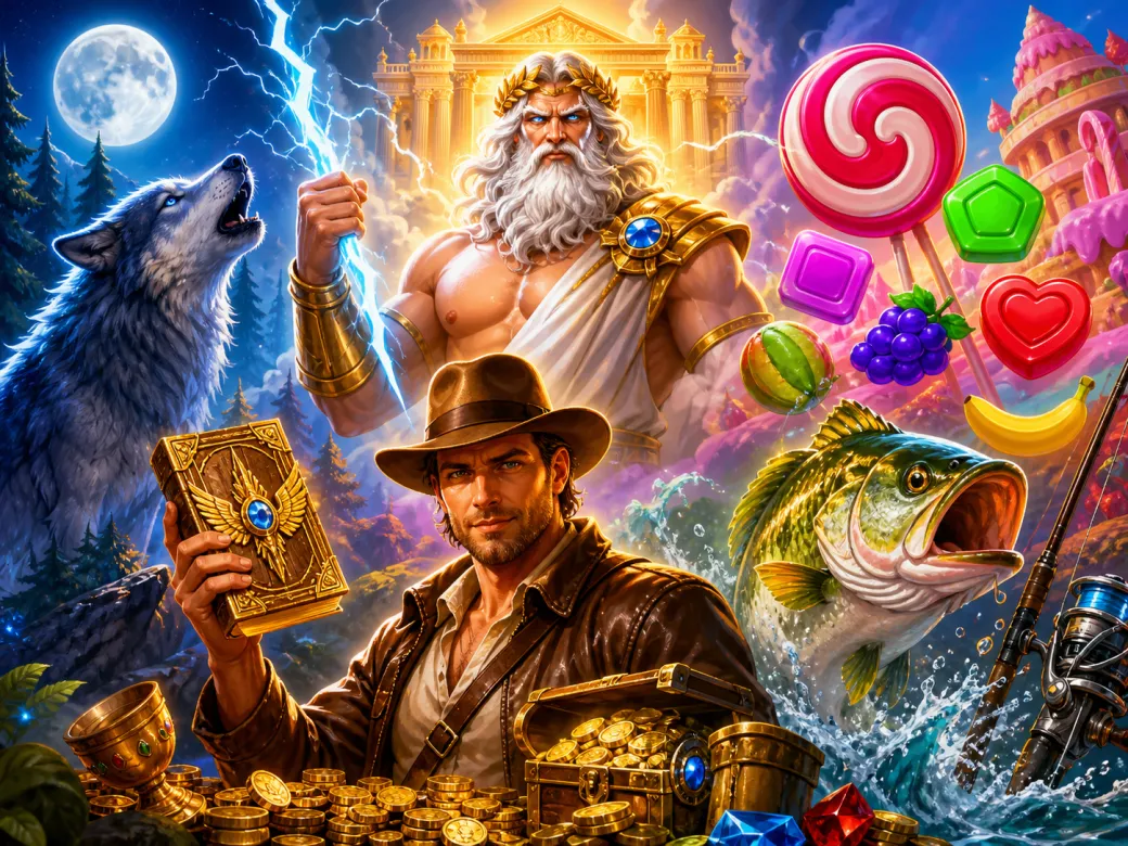 Promotional artwork featuring vibrant fantasy slot game characters in an enchanted landscape, showcasing immersive slot visua