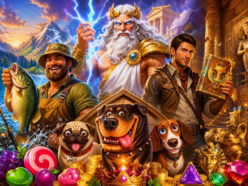Promotional artwork for a slot game featuring vibrant characters and rich environments.