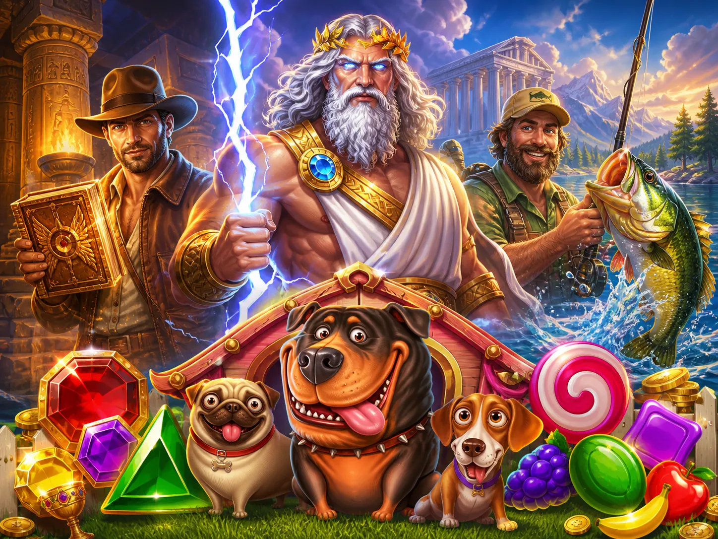 Promotional artwork featuring mythological god with lightning, Olympus environment and divine fantasy theme.